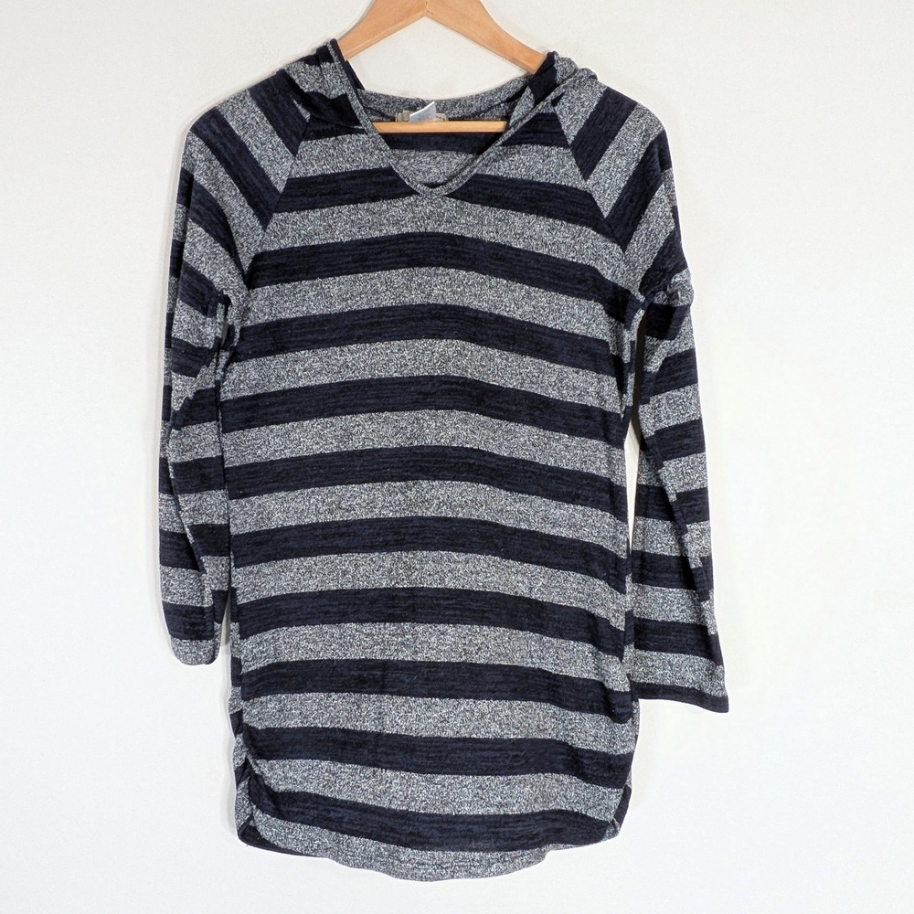 Pink Rose Blue and Gray Striped Hoodie; Long Sleeve, Ruched Sides, Tunic Length